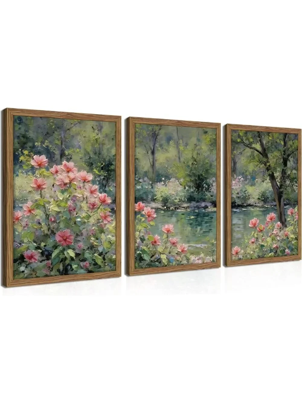 Set of 3 Framed Botanical Floral Canvas Art - Vintage Cottagecore Wall Decor for